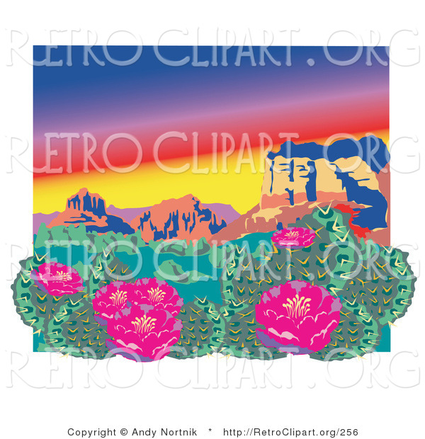 Retro Clipart of a Pink Flowering Cactus Plants in the Grand Canyon Desert