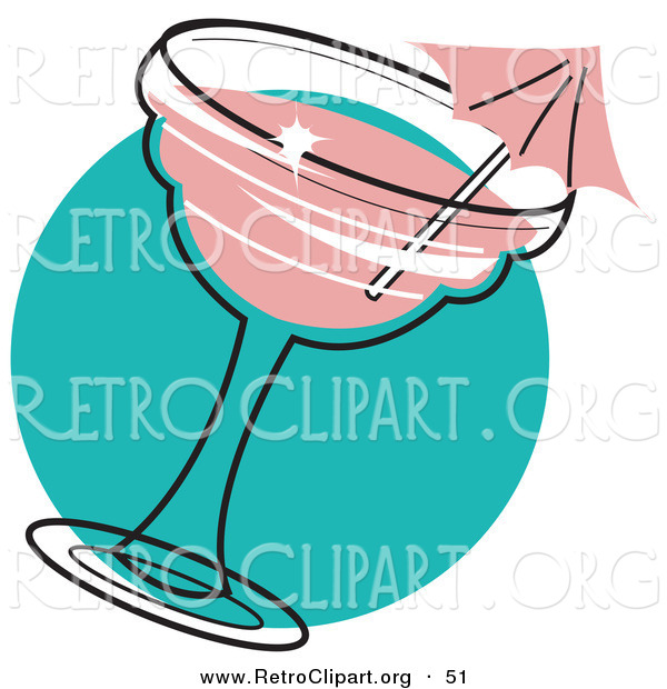 Retro Clipart of a Pink Umbrella in a Strawberry Margarita on Blue