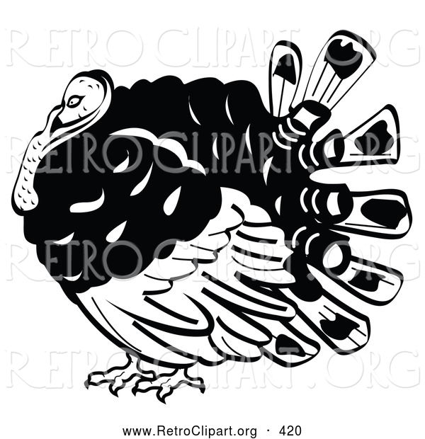 Retro Clipart of a Plump and Fat Turkey Bird with His Head Tucked in His Neck