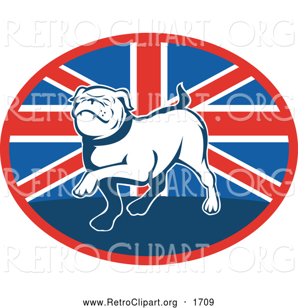 Retro Clipart of a Prancing Bulldog over a British Flag Oval