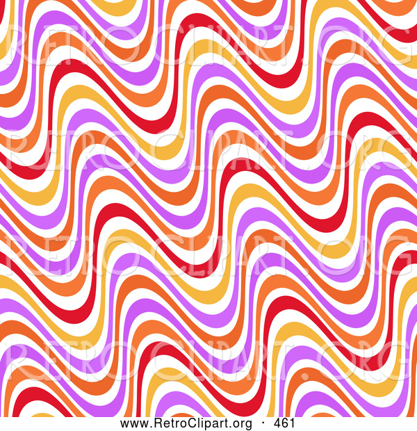Retro Clipart of a Pretty Background of Wavy Orange, Purple, Red, Yellow and White Lines