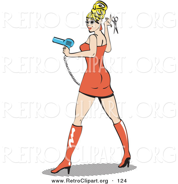 Retro Clipart of a Pretty Blond Bombshell Beautician Woman Wearing a Tight Orange Dress and Tall Orange Boots and Holding a Pair of Scissors and Blow Dryer at a Salon