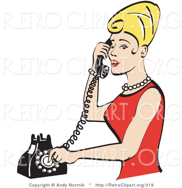 Retro Clipart of a Pretty Blond Housewife Woman with Tall Hair, Wearing Pearls and a Red Dress and Talking on a Rotary Dial Landline Telephone
