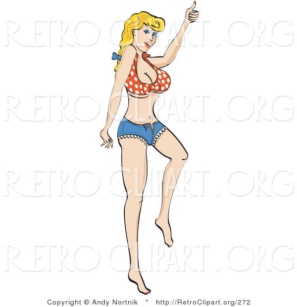 Retro Clipart of a Pretty Blond Woman Wearing a Small Red and White Polka Dot Halter Top and Daisy Duke Blue Jean Shorts, Hitchhiking for a Ride