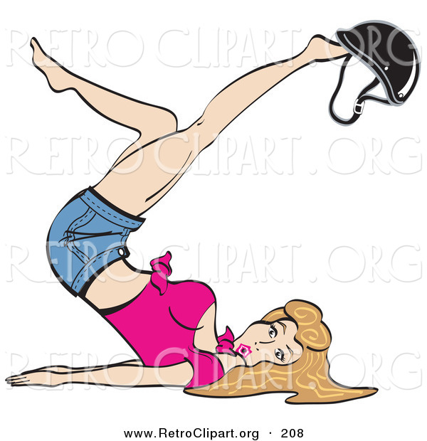 Retro Clipart of a Pretty Blond Woman with Dirty Blond Hair, Lying on Her Back and Kicking Her Legs up While Playing with a Helmet on Her Feet