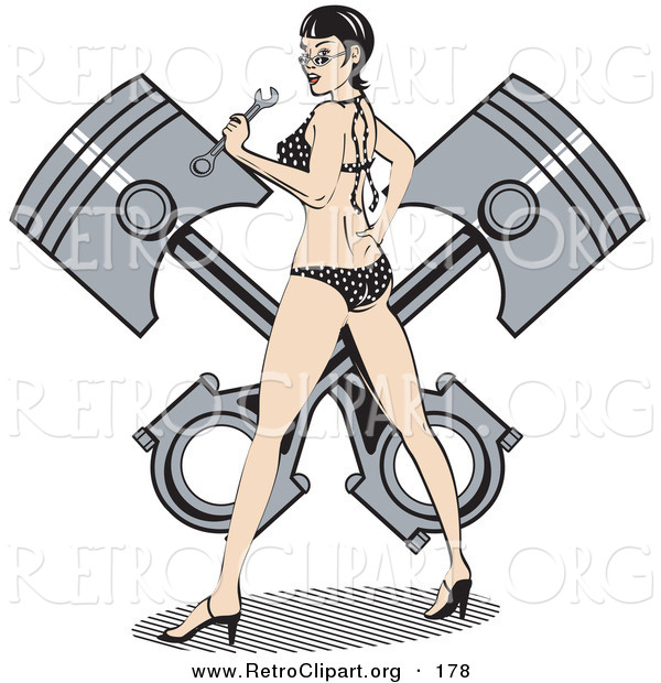 Retro Clipart of a Pretty Brunette Woman in a Black and White Polka Dot Bikini and High Heels, Holding a Wrench and Looking Back While Standing in Front of a Piston