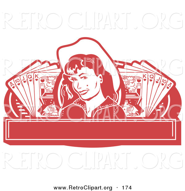 Retro Clipart of a Pretty Cowgirl in Red with a Mole, Wearing a Hat and Standing Between Hands of Playing Cards on a Red Banner