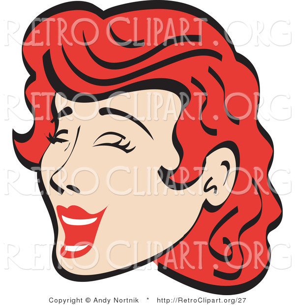 Retro Clipart of a Pretty Red Haired Woman Closing Her Eyes While Laughing