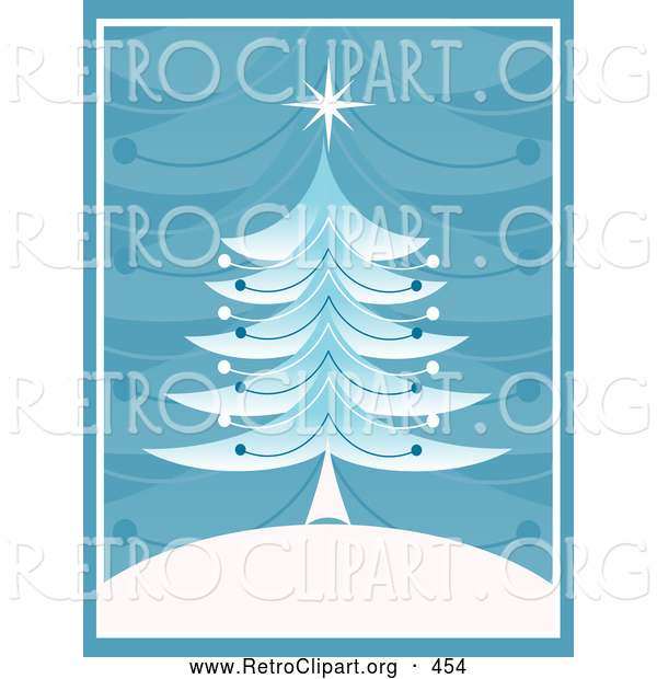 Retro Clipart of a Pretty Retro Christmas Tree with a Star on Top, on a White Hill with a Blue Branch Patterned Background