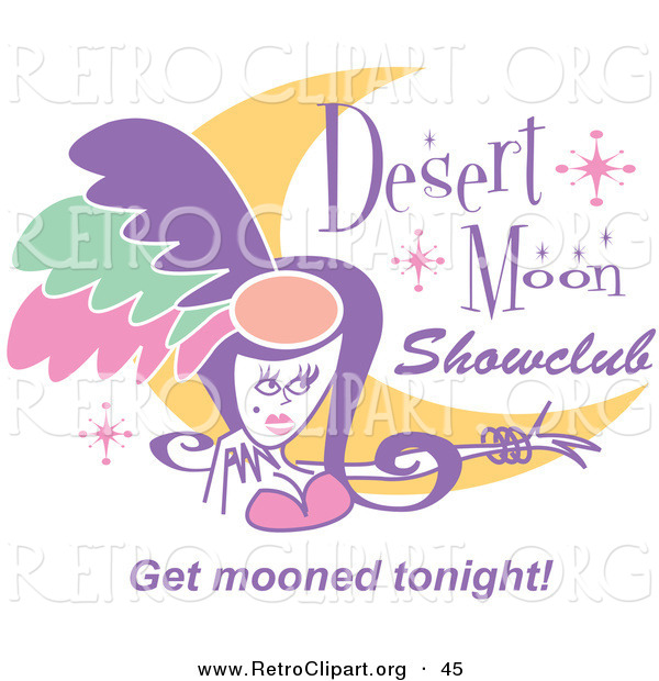 Retro Clipart of a Pretty Showgirl and a Moon on a Colorful Desert Moon Showclub Sign