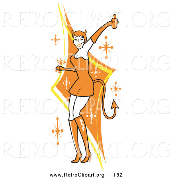 Retro Clipart of a Pretty White Woman in a Tight Orange Dress, Gloves and Tall Boots and Forked Devil Tail, Dancing While Drinking at a Halloween Party