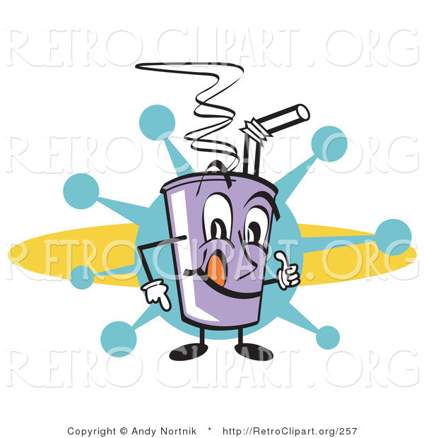 Retro Clipart of a Purple Cup Holding Fountain Soda and a Straw on a Blue and Yellow Background