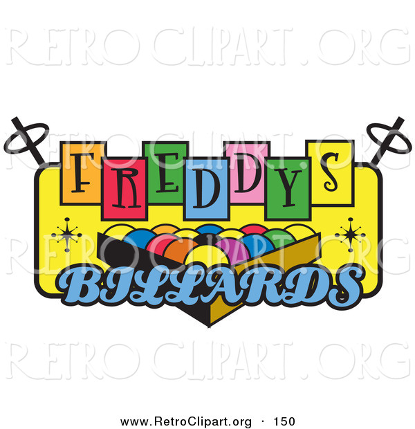 Retro Clipart of a Rack of Pool Balls on a Vintage Colorful Freddys Billiards Sign over White