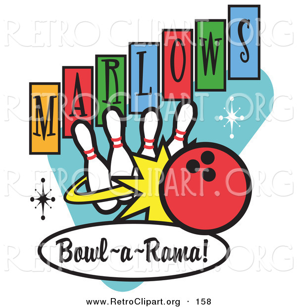 Retro Clipart of a Red Bowling Ball Rolling into Bowling Pins on a Vintage Marlows Bowl O Rama Sign