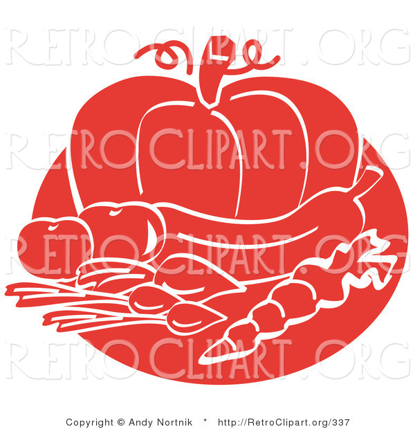 Retro Clipart of a Red Food Still Life of Beets or Radishes, a Carrot, Eggplant, Tomatoes and a Pumpkin