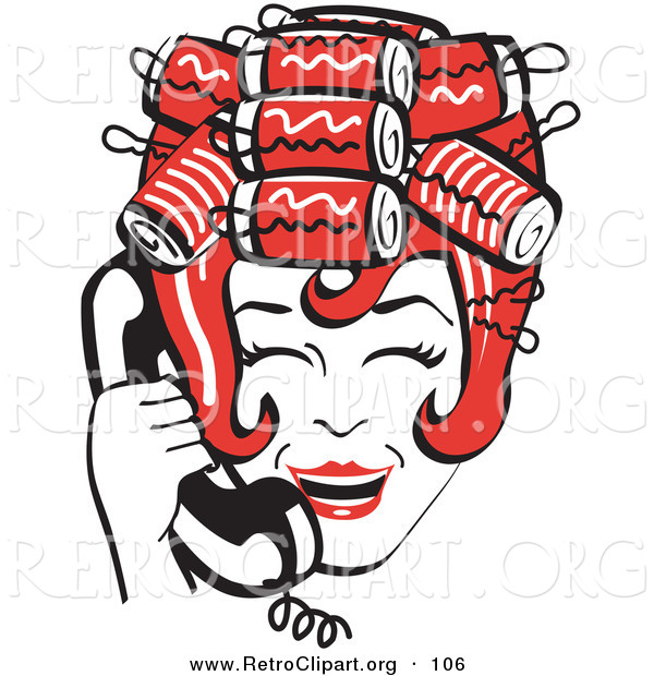 Retro Clipart of a Red Haired Happy Housewife with Her Hair up in Curlers, Laughing While Talking on a Landline Telephone