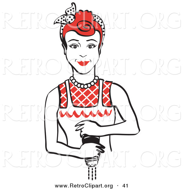 Retro Clipart of a Red Haired Housewife or Maid Woman Grinding Fresh Pepper While Cooking Food
