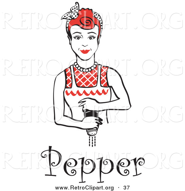 Retro Clipart of a Red Haired Housewife or Maid Woman Grinding Fresh Pepper While Cooking, with Text Underneath