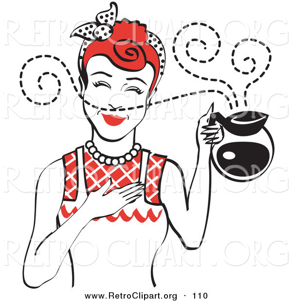 Retro Clipart of a Red Haired Waitress Woman Smelling the Wonderful Aroma of Fresh, Hot Coffee While Holding a Coffee Pot