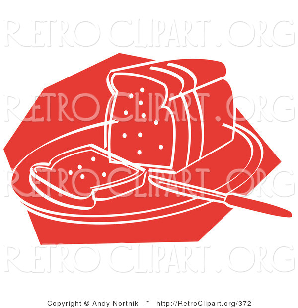 Retro Clipart of a Red Icon of a Knife Resting on a Cutting Board near Sliced Bread