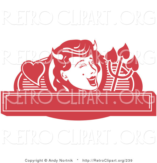 Retro Clipart of a Red Pretty Shedevil with a Mole and Horns over a Blank Banner