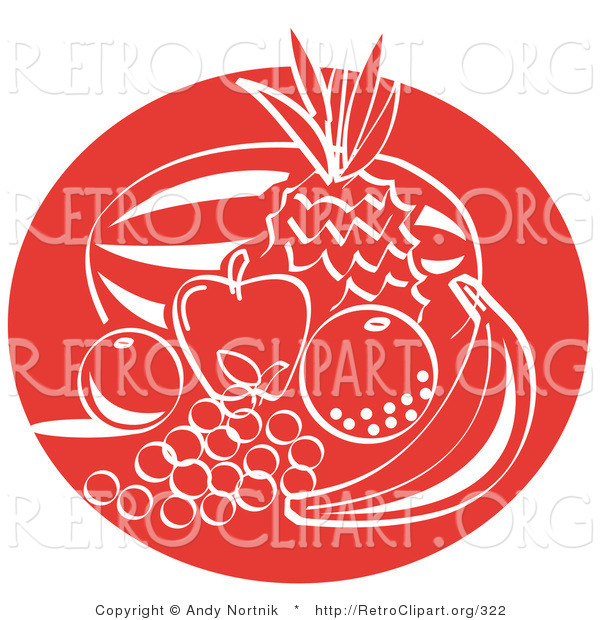Retro Clipart of a Red Silhouette of Fruit Still Life with a Watermelon, Pineapple, Apple, Orange, Lemon, Grapes and Banana Clipart Illustration