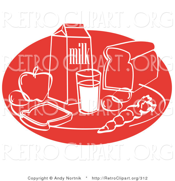 Retro Clipart of a Red Still Life of Food Including Eggs, Apple, Carton of Milk, Glass of Milk, Sliced Bread, and a Carrot
