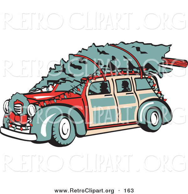 Retro Clipart of a Red Woodie Car Carrying a Christmas Tree on the Roof, Decorated in Christmas Lights and a Wreath and Driving Left
