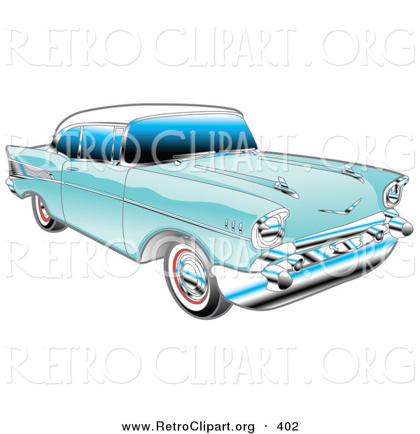 Retro Clipart of a Restored Blue 1957 Chevy Bel Air Car with a White Roof and Chrome Detailing