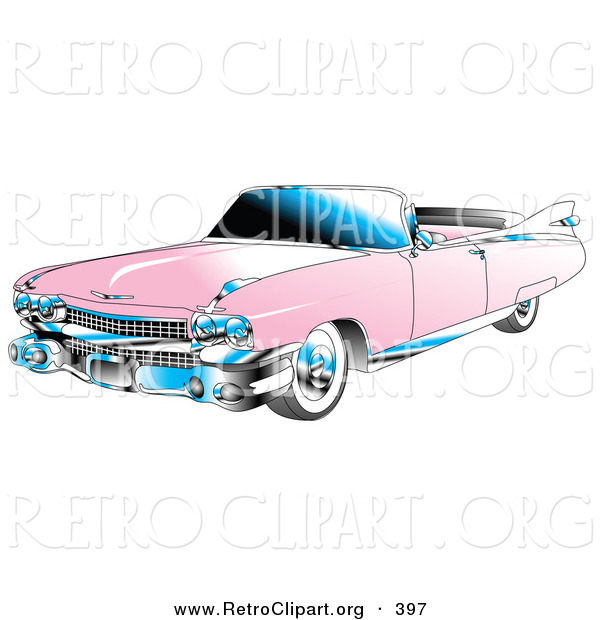 Retro Clipart of a Restored Pink Convertible 1959 Cadillac Car with Chrome Accents and the Top down