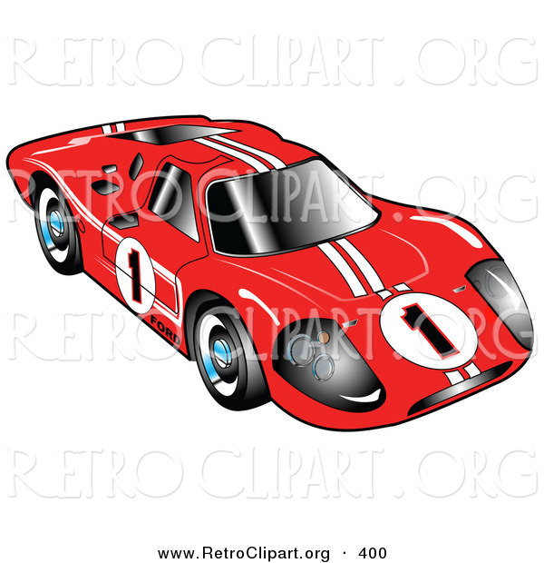Retro Clipart of a Restored Red 1967 Ford Mark IV GT40 Racing Car with White Stripes and the Number 1