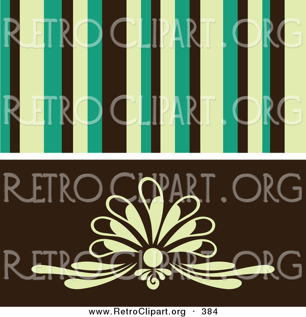 Retro Clipart of a Retro Background of Yellow, Green and Black Stipes over a Gentle Floral Design