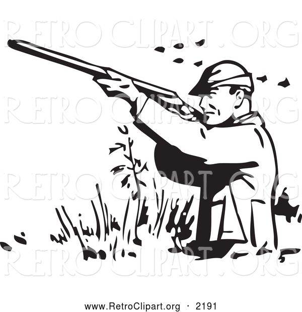 Retro Clipart of a Retro Black and White Hunter Wading and Shooting at Ducks