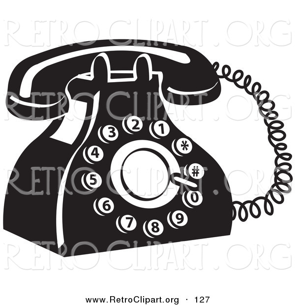 Retro Clipart of a Retro Black and White Rotary Landline Telephone