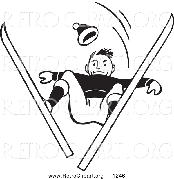 Retro Clipart of a Retro Black and White Skier Man Catching Air and Looking down