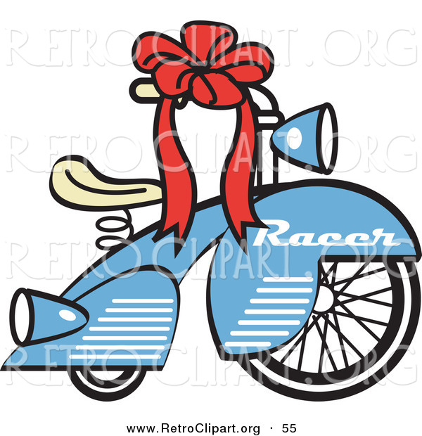 Retro Clipart of a Retro Brand New Blue Racer Tricycle Bike with a Red Ribbon in the Handlebars on White