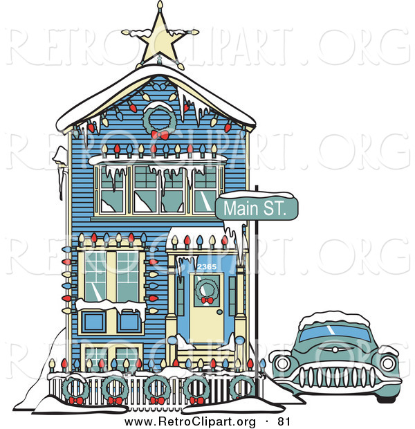 Retro Clipart of a Retro Car Covered in Snow Outside a Victorian House Decorated in Christmas Lights at 2365 Main Street Retro
