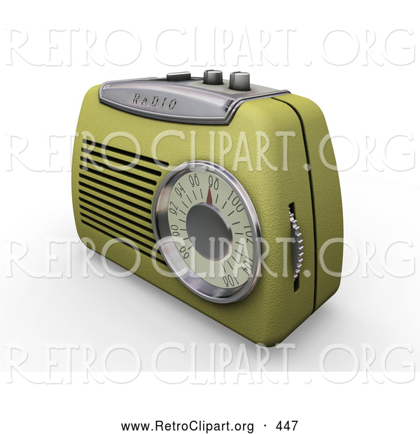 Retro Clipart of a Retro Greenish Yellow Old Fashioned Radio with a Station Dial, on a White Surface