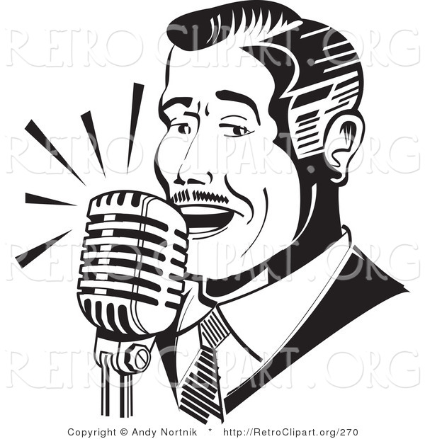 Retro Clipart of a Retro Man Singing or Announcing into a Microphone