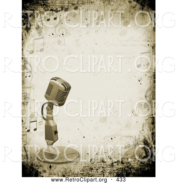 Retro Clipart of a Retro Microphone over a Grunge Background Bordered by Music Notes