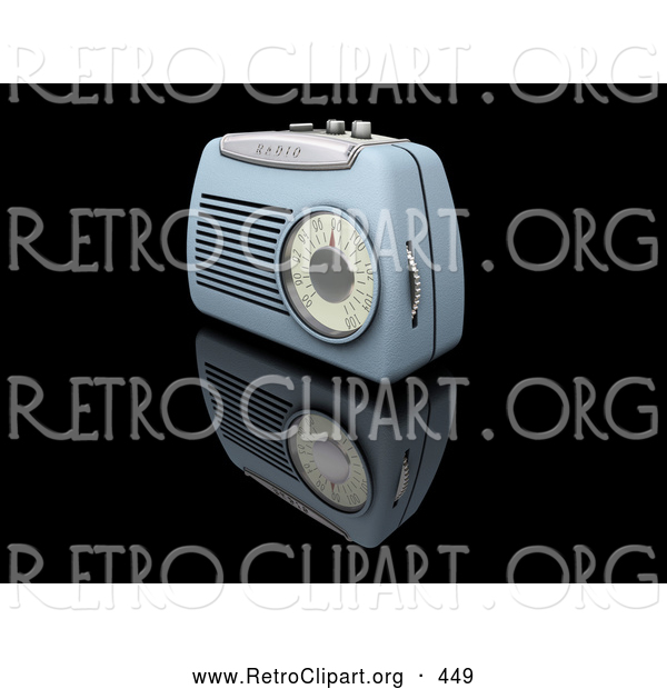 Retro Clipart of a Retro Old Fashioned Blue Radio with a Station Dial, on a Reflective Black Surface