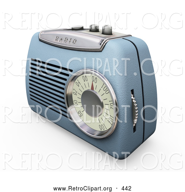Retro Clipart of a Retro Old Fashioned Blue Radio with a Station Dial, on a White Surface