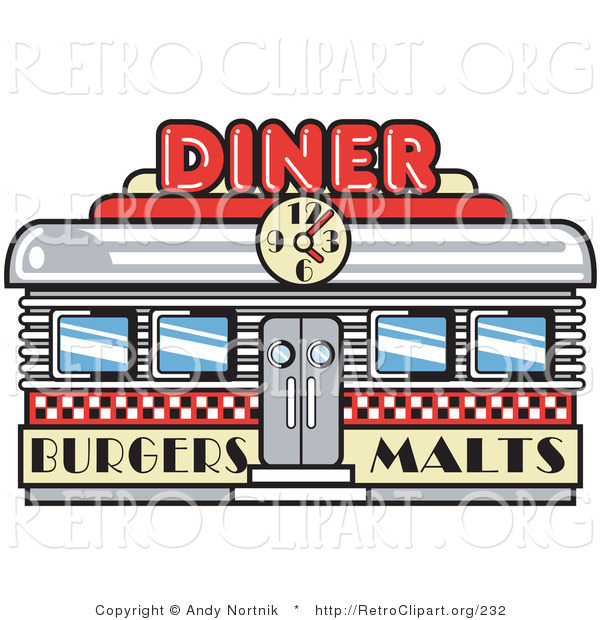 Retro Clipart of a Retro Old Fashioned Diner Building with a Clock on It and Signs Advertising Burgers and Malts