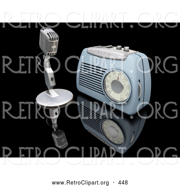 Retro Clipart of a Retro Old Fashioned Microphone and Blue Radio on a Reflective Black Surface