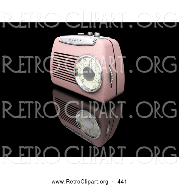 Retro Clipart of a Retro Old Fashioned Pink Radio with a Station Dial, on a Reflective Black Surface
