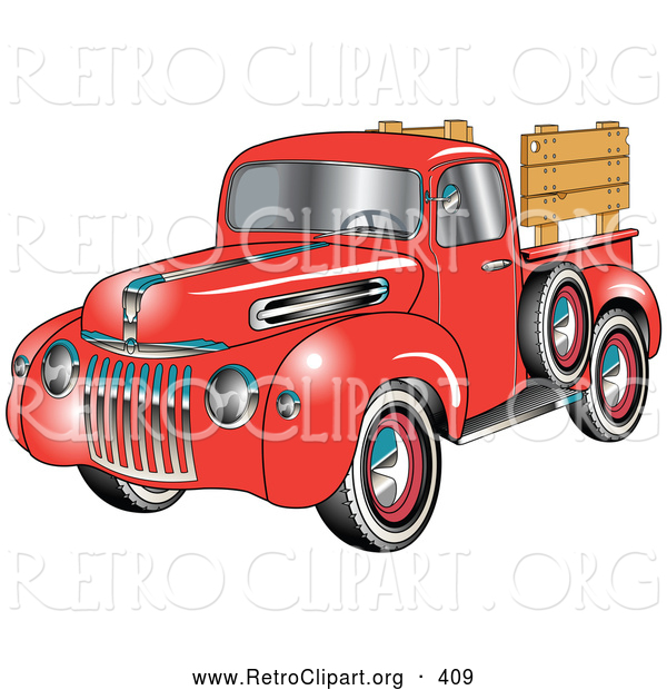 Retro Clipart of a Retro Red 1945 Ford Pickup Truck with a Spacfe Tire on the Side And, Chrome Accents, Red Wall Tires and Wooden Panels Along the Truck Bed
