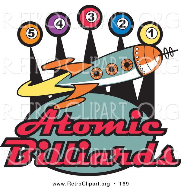 Retro Clipart of a Retro Space Rocket Flying past Pool Balls on a Vintage Atomic Billiards Sign