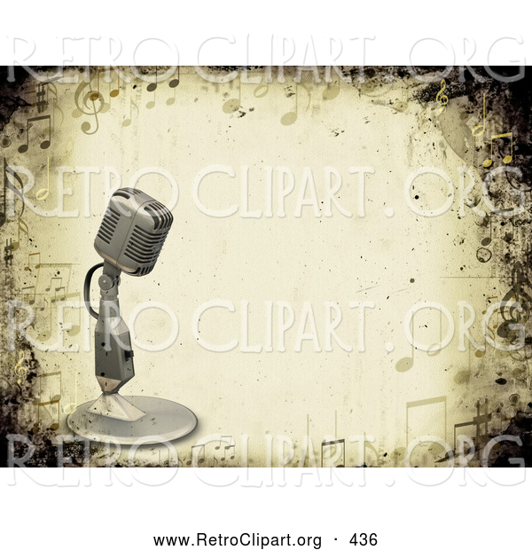 Retro Clipart of a Retro Vintage Microphone over a Grunge Background Bordered by Music Notes