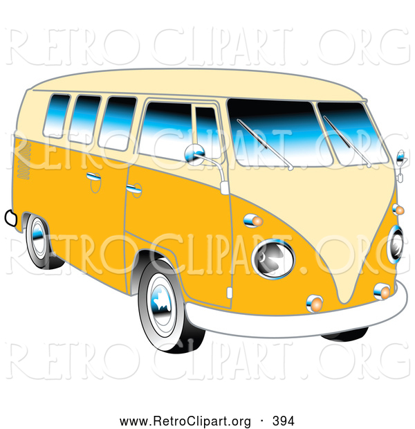 Retro Clipart of a Retro Yellow 1962 VW Bus with Chrome Detail and a Pale Yellow Roof and Accents