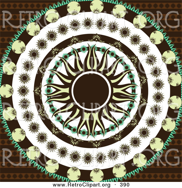 Retro Clipart of a Retro Yellow and Black Pointed Sun in the Center of Circles of Black, Yellow, and Green Floral Patterns over a Patterned Brown Background